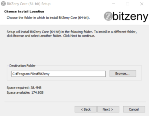 BitZeny Coreのインストール画面