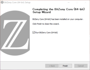 BitZeny Coreのインストール画面